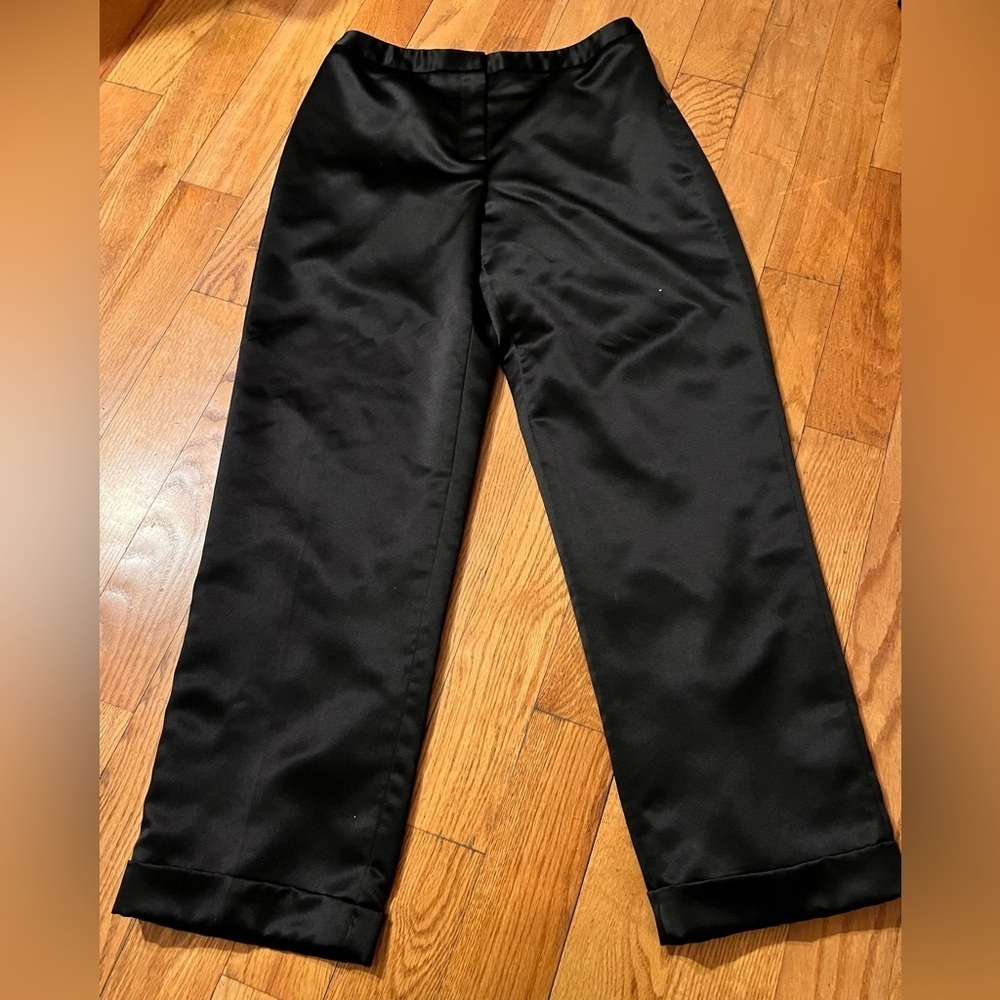 Bloomingdale’s Black Satin Wide Leg Trousers 10 Petite VTG Luxury Cuffed Pants